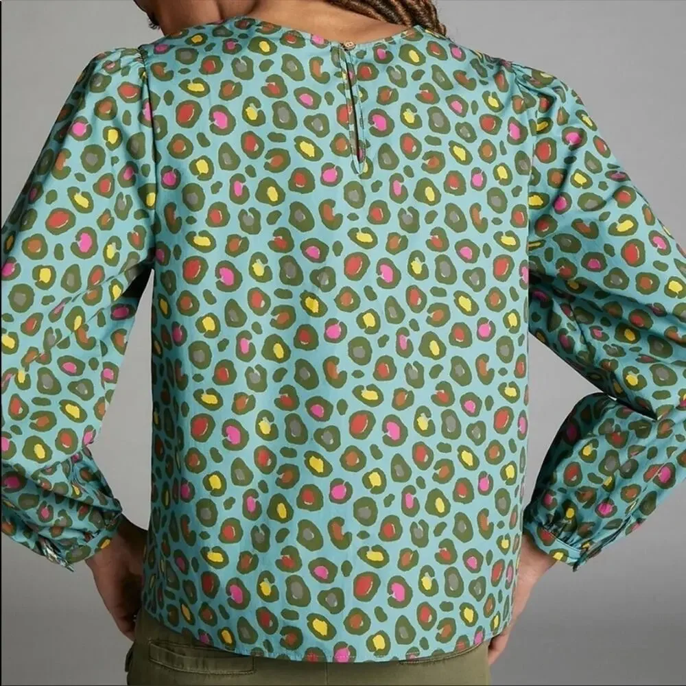 Anthropologie x Farm Rio Hanya Puff Sleeve Blouse Turquoise Colorful Leopard NEW